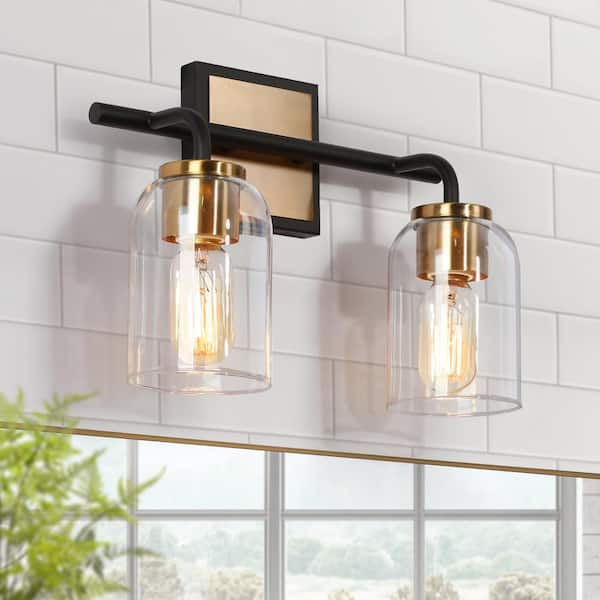Zevni 13 in. 2-Light Brass Gold Bathroom Vanity Light, Black Wall Sconce for Mirrors, Clear Glass Modern Bath Lighting