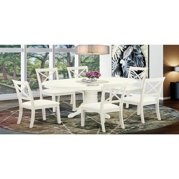 7-Piece Linen White Finish Solid Wood Top Dining Table with 6 Chairs with Lattice Back