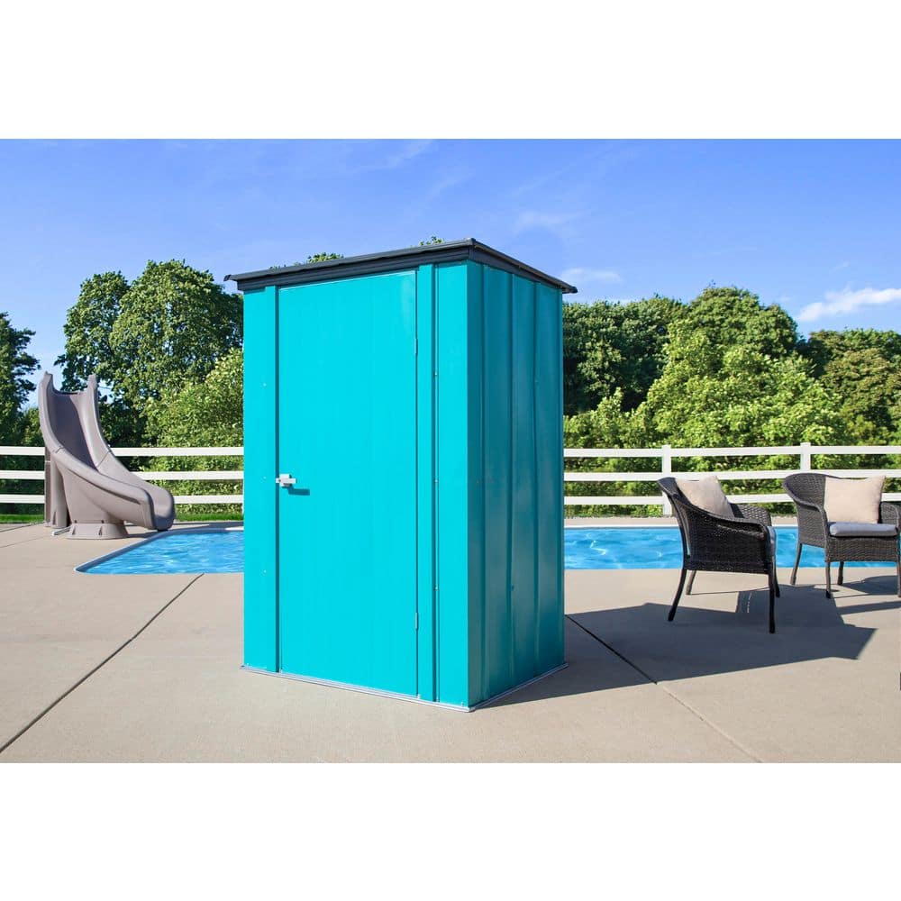 Teal Metal Patio Shed with Tall Walls and Wide Door