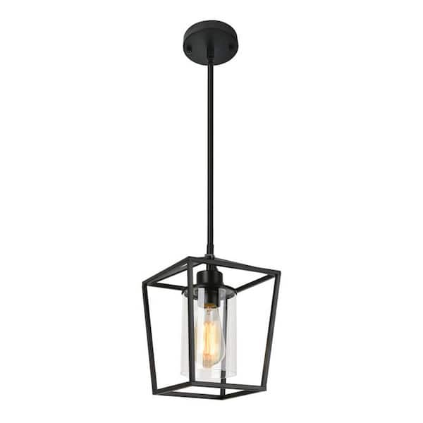 YANSUN 1-Light Matte Black Pendant Light, Modern Farmhouse Cage Lantern with Clear Glass Shade for Dining Room
