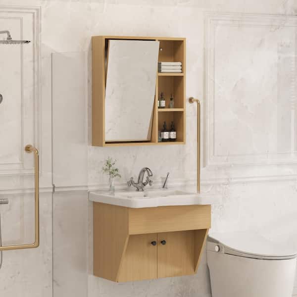 24 in. W Single Sink Floating Vanity Wood Color Bath Vanity with Ceramic Top Unassembled, included Mirror Cabinet