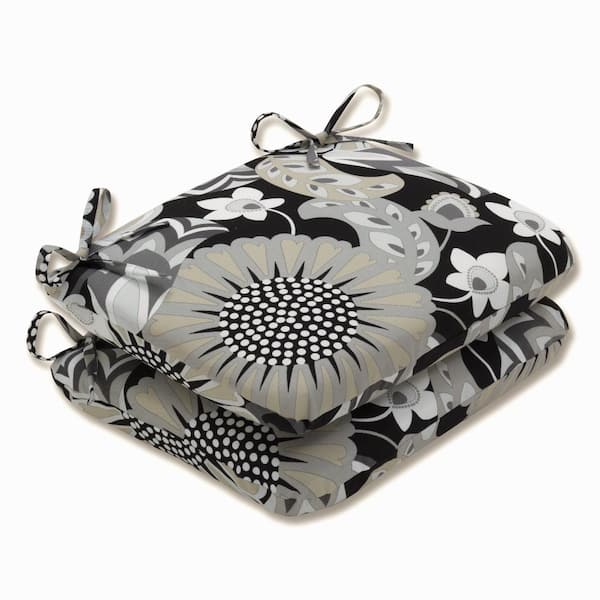Pillow Perfect Floral 18.5 in. x 15.5 in. Outdoor Dining Chair Cushion in Black/White (Set of 2)
