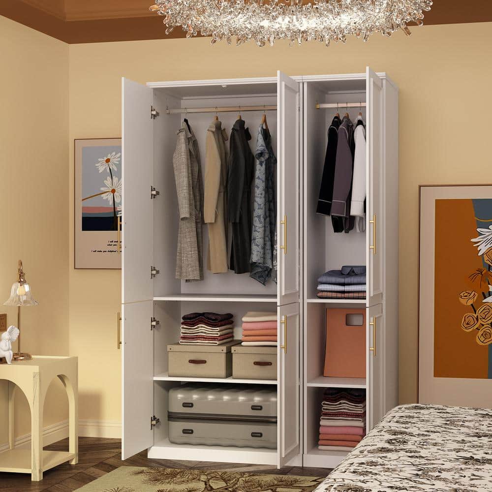 2-Combination White Wood 47.4 in. W 6-Door Big Armoires with 2 Hanging Rods, Storage Shelves 74.8 in. H x 19.3 in. D - thumbnail 5