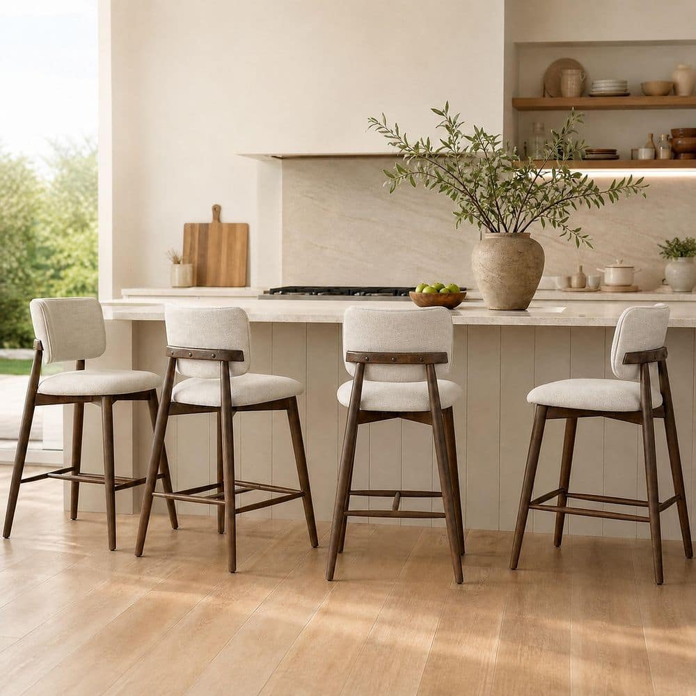Cindor Modern 25.7 in. H Walnut Solid Wood Counter Bar Stools with Beige Fabric Seat and Back (Set of 4) price history on PriceWatchPro