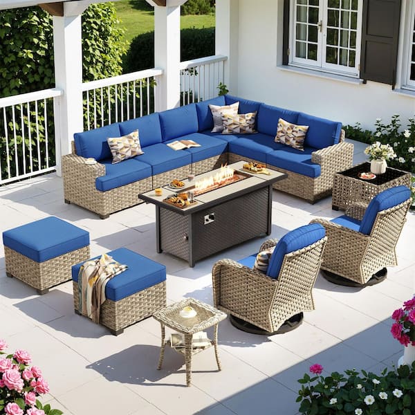XIZZI Lumisole 13 Pieces Wicker Rectangular Fire Pit Sets and Swivel Rocking Chairs with Navy Blue Cushion