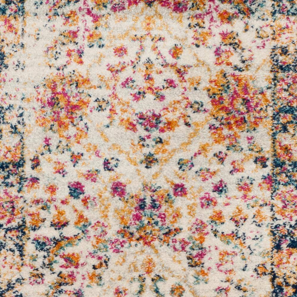 Cream and Navy Floral Motif Runner Rug