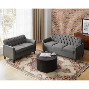 Eulalia 2-Piece 72.5 in. W in Rolled Arm Polyester Upholstered Transitional Nailhead Rectangle Sofa Set in Grey