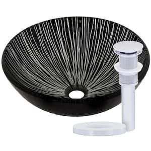 Godere Round Glass Vessel Sink Hand Painted in Black and Silver with Pop-Up Drain in Chrome