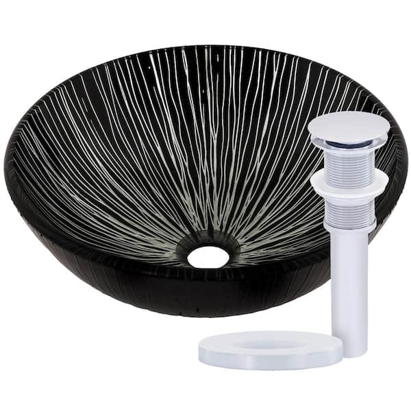 Novatto Godere Round Glass Vessel Sink Hand Painted in Black and Silver with Pop-Up Drain in Chrome