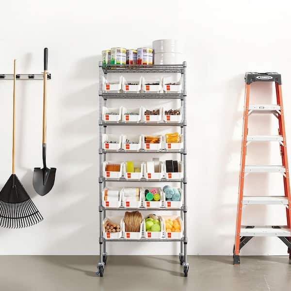 7-Tier Rolling Bin Storage Rack, 24 Small Bins, Steel Wire Shelving System, Mobile Tool Organizer, 800 lbs. Capacity