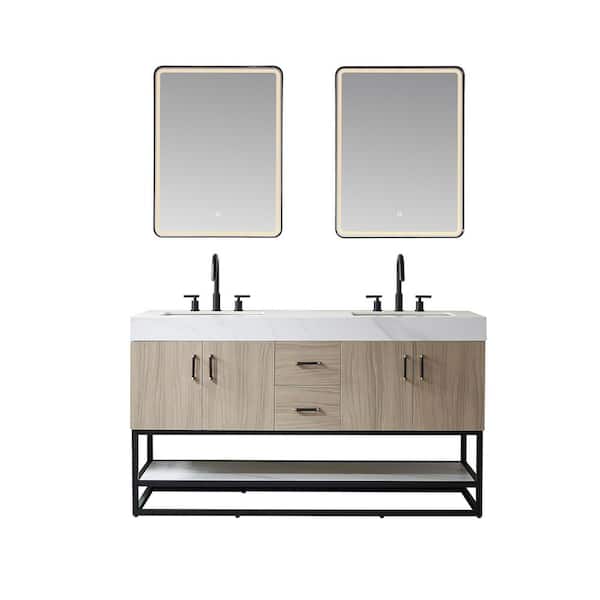 ROSWELL Toledo 60 in. W x 22 in. D x 34 in. H Double Sink Bath Vanity in Light Walnut with White Composite Stone Top and Mirror