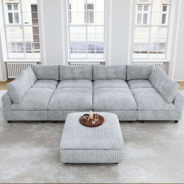 197 in. Oversized Square Arm Plush Soft Velvet L-Shaped Sectional Sofa 9-Seater with Ottoman, Washable Covers in Gray