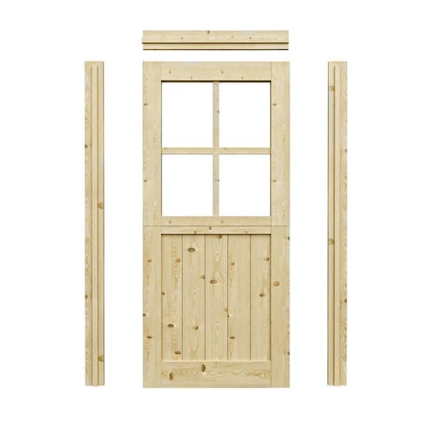 36 in. x 80 in. Pine Universal 4-Lite Clear Glass& 2-Panel Unfinished Dutch Wood Prehung Front Door+Quick Assemble Jamb
