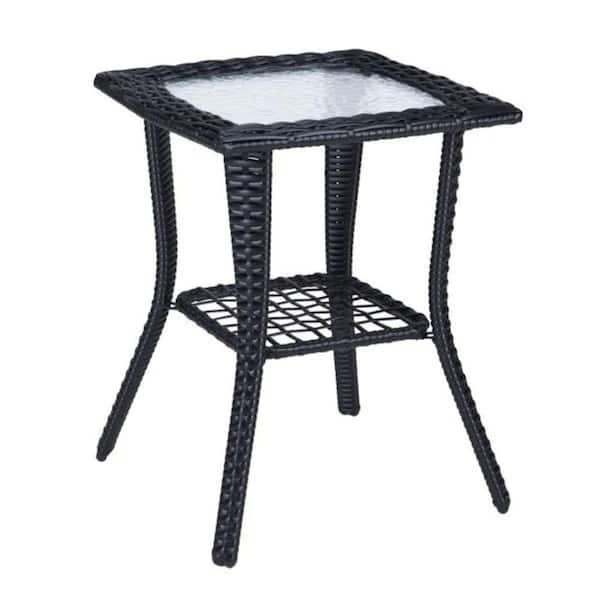 Outdoor Wicker Side Table with Glass Top, 2-Tier Patio End Table for Garden Porch Balcony