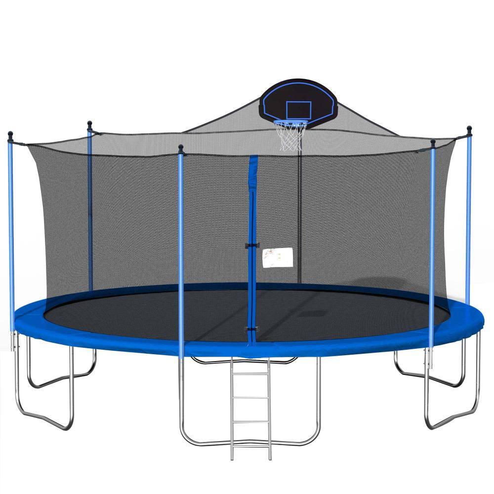 16 ft. Outdoor Trampoline with Basketball Hoop, Safety Net, Ladder, 108 Springs and Reversible Blue/Green Cover