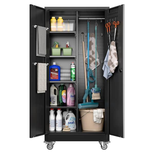 28 in. W x 62 in. H x 14 in. D Steel Rolling Freestanding Cabinet, Cleaning Tool Cebinet with Hanging Rod, Hook in Black