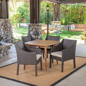 Damas Multi-Brown 5-Piece Wood and Faux Rattan Outdoor Dining Set with Beige Cushions