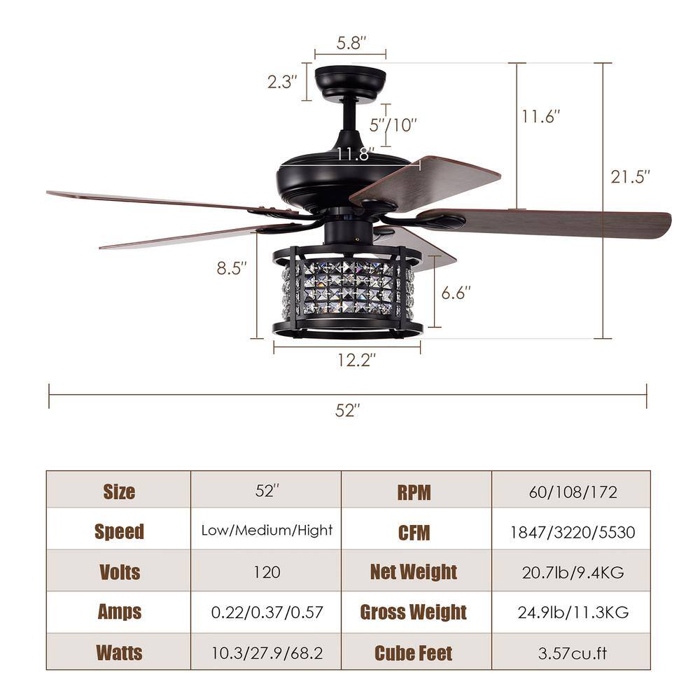 52'' Black Crystal Chandelier Ceiling Fan with Remote Control