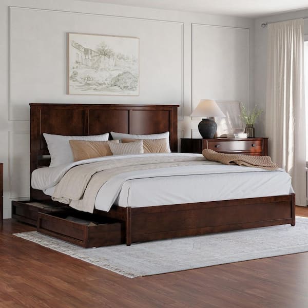 AFI Felicity Walnut Brown Solid Wood Frame King Platform Bed with Panel Footboard and Storage Drawers