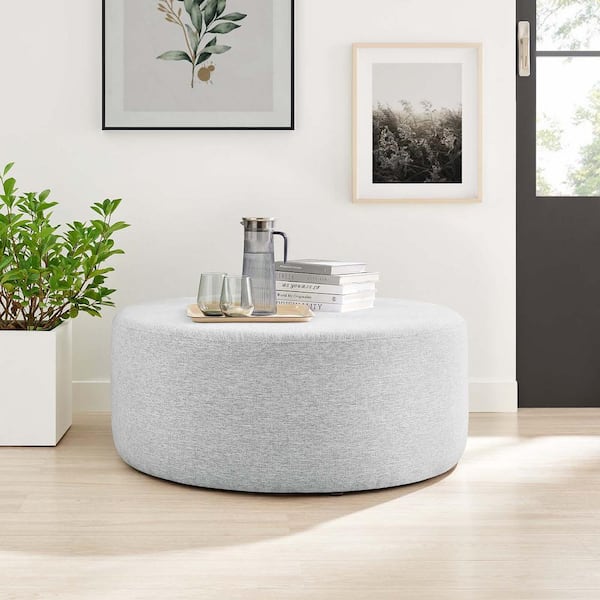 Callum Large 38 in. Round Woven Heathered Fabric Upholstered Ottoman in Heathered Weave Light Gray