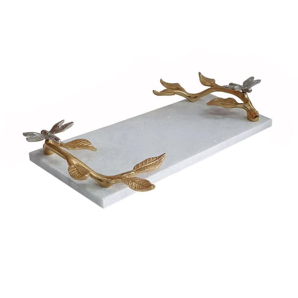 A & B Home White/Gold Dragonfly Marble Decorative Tray