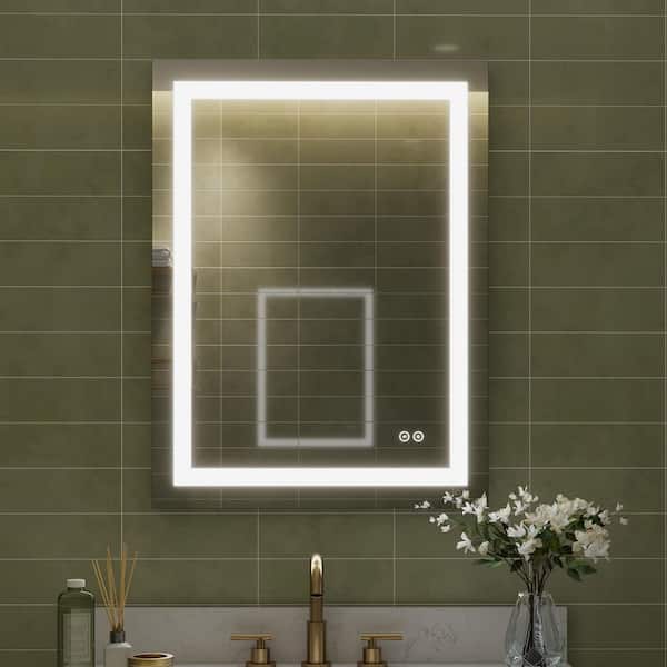 FORCLOVER 24 in. W x 32 in. H Rectangular Frameless Dimmable LED Light Anti-Fog Wall Mounted Bathroom Vanity Mirror in Silver