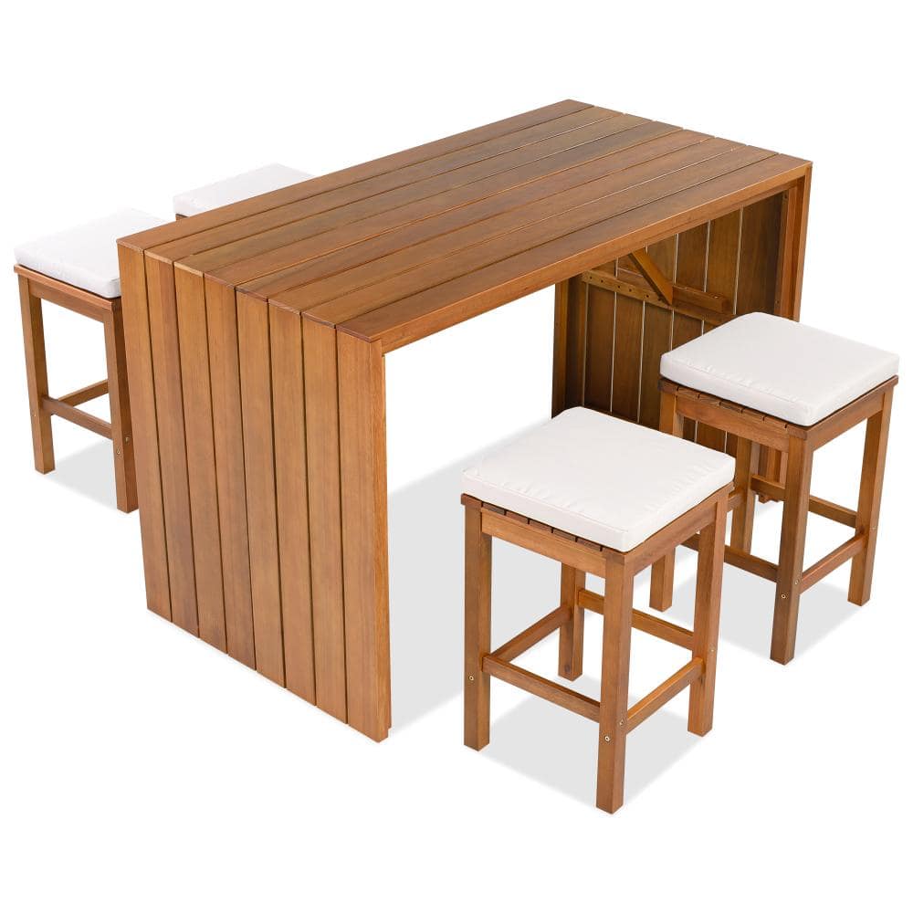 5-Piece Outdoor Bar Set with Acacia Wood Table & 4 Stools, Beige Cushions, Natural price history on PriceWatchPro