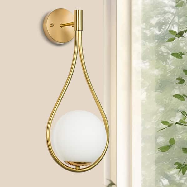 YANSUN 7.87 in. 1-Light Mid-Century Water Drop Design Gold Wall Sconce with Global Frosted Glass Shade for Bedroom Bedsides