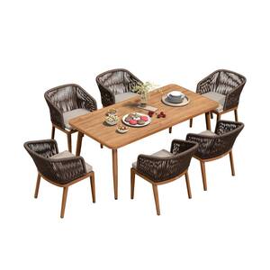 7-Piece Aluminum Wicker Dining Table and Armchairs Patio Outdoor Dining Set Teak Patio Furniture Set with Cushions