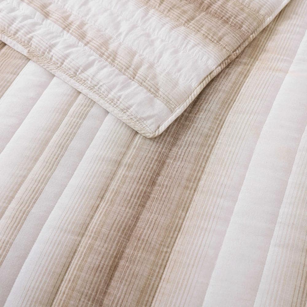 Beige Striped Full Cotton Reversible Quilt Set