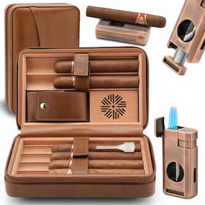 3-in-1 Brown Cigar Humidor, Portable Leather Cedar Wood Cigar Case With Cigar Lighter, V Cut Cigar Cutter, Cigar Holder