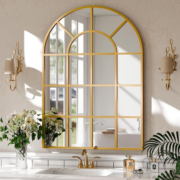 Gold 30 in. W x 40 in. H Arched Windowpane Aluminum Alloy Framed Mirror Wall Mirror