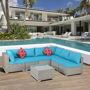 Outdoor Gray 7-Piece Wicker Patio Conversation Seating Set with Blue Cushions