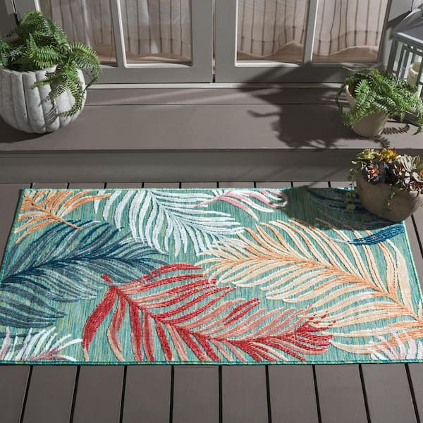 Cabana Green/Rust 2 ft. x 3 ft. High-Low Oversized Leaf Indoor/Outdoor Area Rug