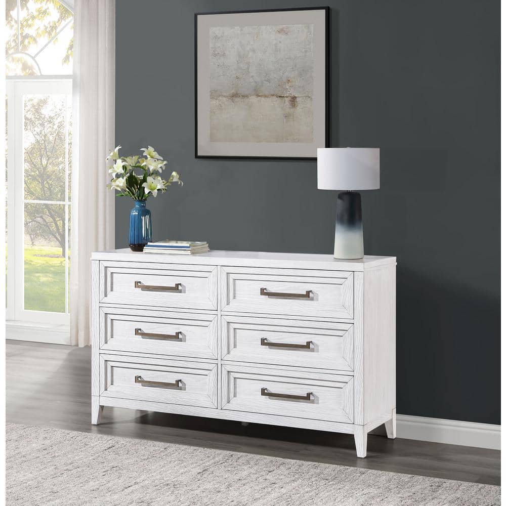 Marielle - 6 Drawer Bedroom Dresser - Distressed White, image size:1000x1000