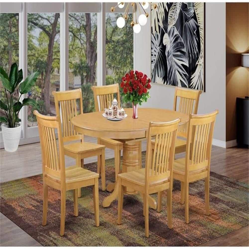 Oak Finish 7-Piece Round Pedestal Dining Set