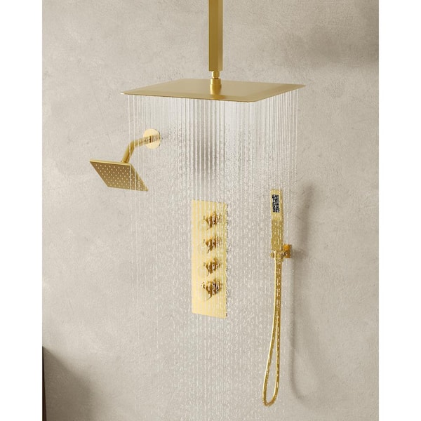 7-Spray 16 and 6 in. Dual Shower Heads Ceiling Mount Fixed and Handheld Shower Head in Brushed Gold (Valve Included)