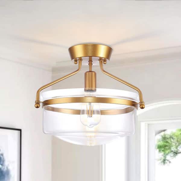 ZJVAIVE 13.3 in. 1-Light Gold Modern Semi-Flush Mount Ceiling Light with Glass Shade