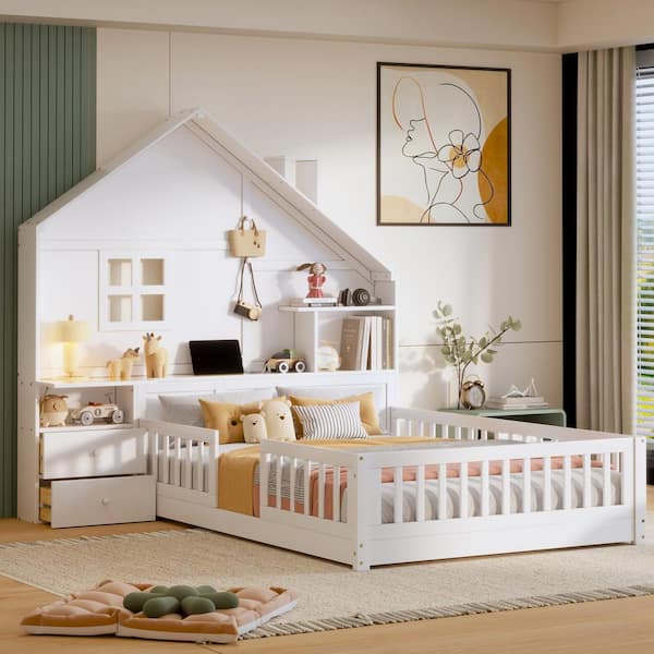 Harper & Bright Designs White Full Size Wood House Platform Bed with Window and Chimney, 3 Bedside Drawers, Shelves, Sockets and USB Charging