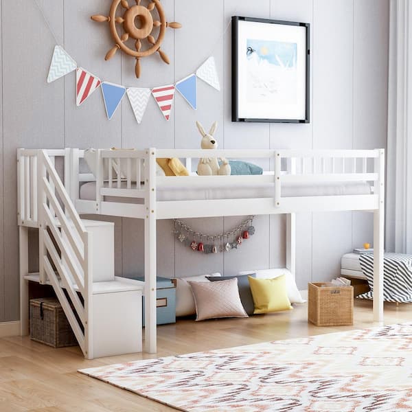 Seafuloy 90.6 in. W White MDF and Pine Wood Twin Size Floor Loft Bed with Ladder and Storage