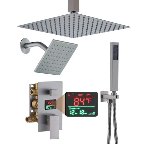 3 Function Digital Display Single Handle 1-Spray Dual Shower Faucet 1.8 GPM with Pressure Balance in. Brushed Nickel