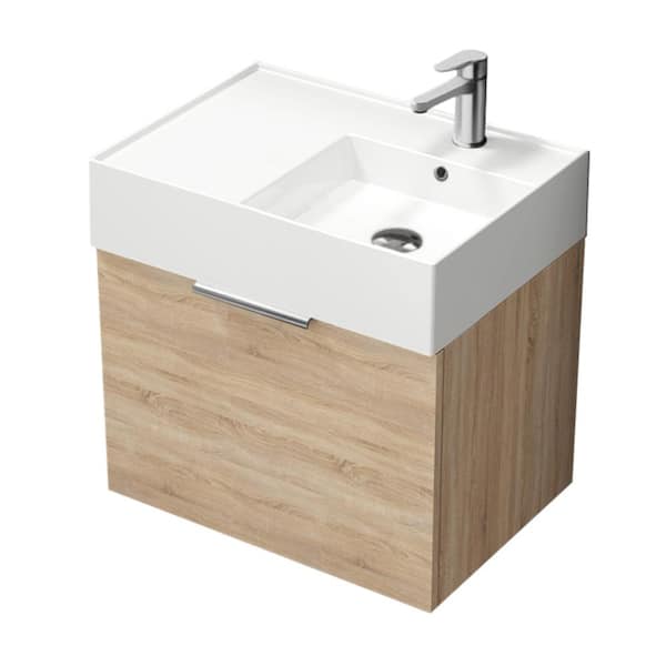 Nameeks Derin 23.6 in. W x 17.3 in. D x 25.19 in. H Modern Bathroom Vanity in Brown Oak With White Ceramic Top