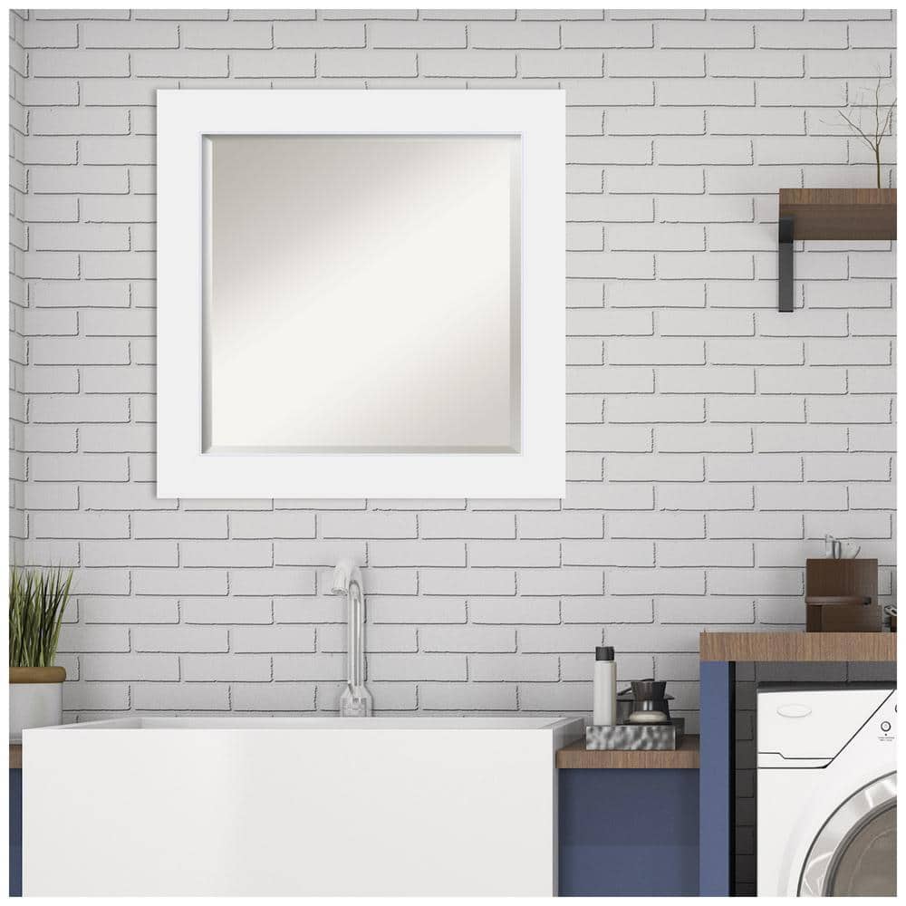 Contemporary White Wood 25" Square Bathroom Vanity Mirror