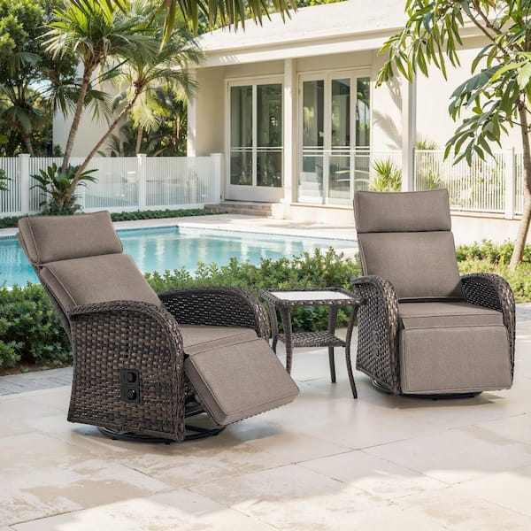 Comfort Collection 3-Piece Wicker Versatile Pneumatic Swivel Outdoor Rocking Chair with CushionGuard Blue Cushions