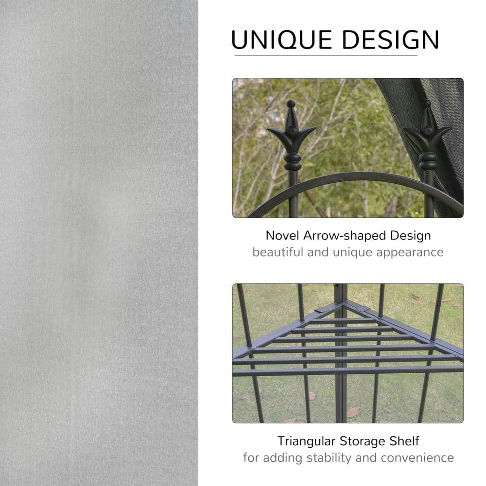Gray Steel Outdoor Patio Gazebo Canopy with Mesh Curtains and Shelves