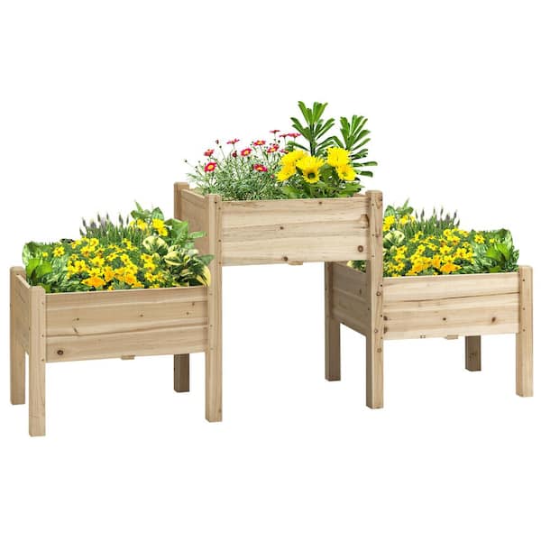 Unbranded Elevated Raised Garden Bed with 3 Planter Boxes, Wood Plant Stand with Drainage Holes for Vegetables, Herbs, and Flowers