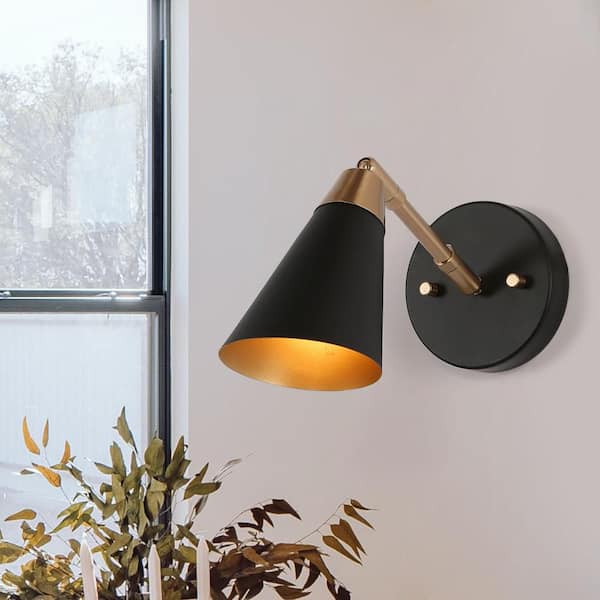 Flumie 1-Light Industrial Black Indoor Wall Sconce Modern Brass Vanity Light Adjustable Head with Cone Metal Shade
