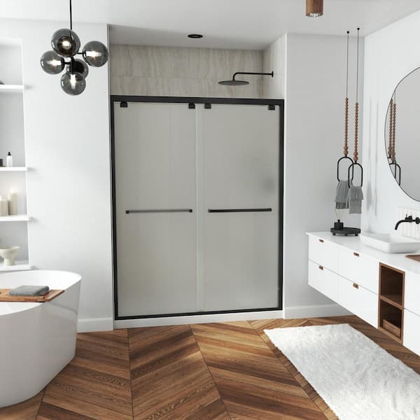 DreamLine Encore 60 in. W x 76 in. H Semi-Frameless Bypass Sliding Shower Door in Satin Black with Frosted Glass