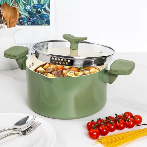 Pasta Pot with Strainer Lid - 6 Quart Stock Pot Ceramic with Twist & Lock Handles, Induction Compatible, Green