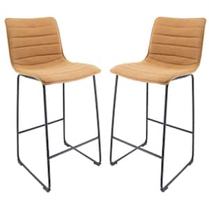 Brooklyn 29.9" Modern Leather Bar Stool With Black Iron Base & Footrest Set of 2 in Light Brown